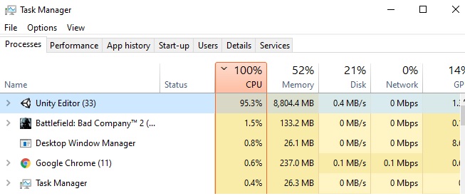 Editor take 100% cpu usage and over 8GB of memory usage for almost 20-25  minutes. Why ? - Unity Forum